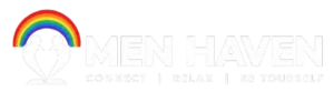 MEN HAVEN logo featuring a rainbow and heart symbol representing an LGBTQ+ friendly men's spa and wellness space.